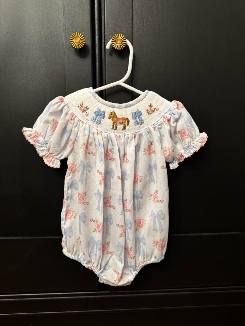 Smocked Floral Bow Print Baby Dress - Light Blue & Pink